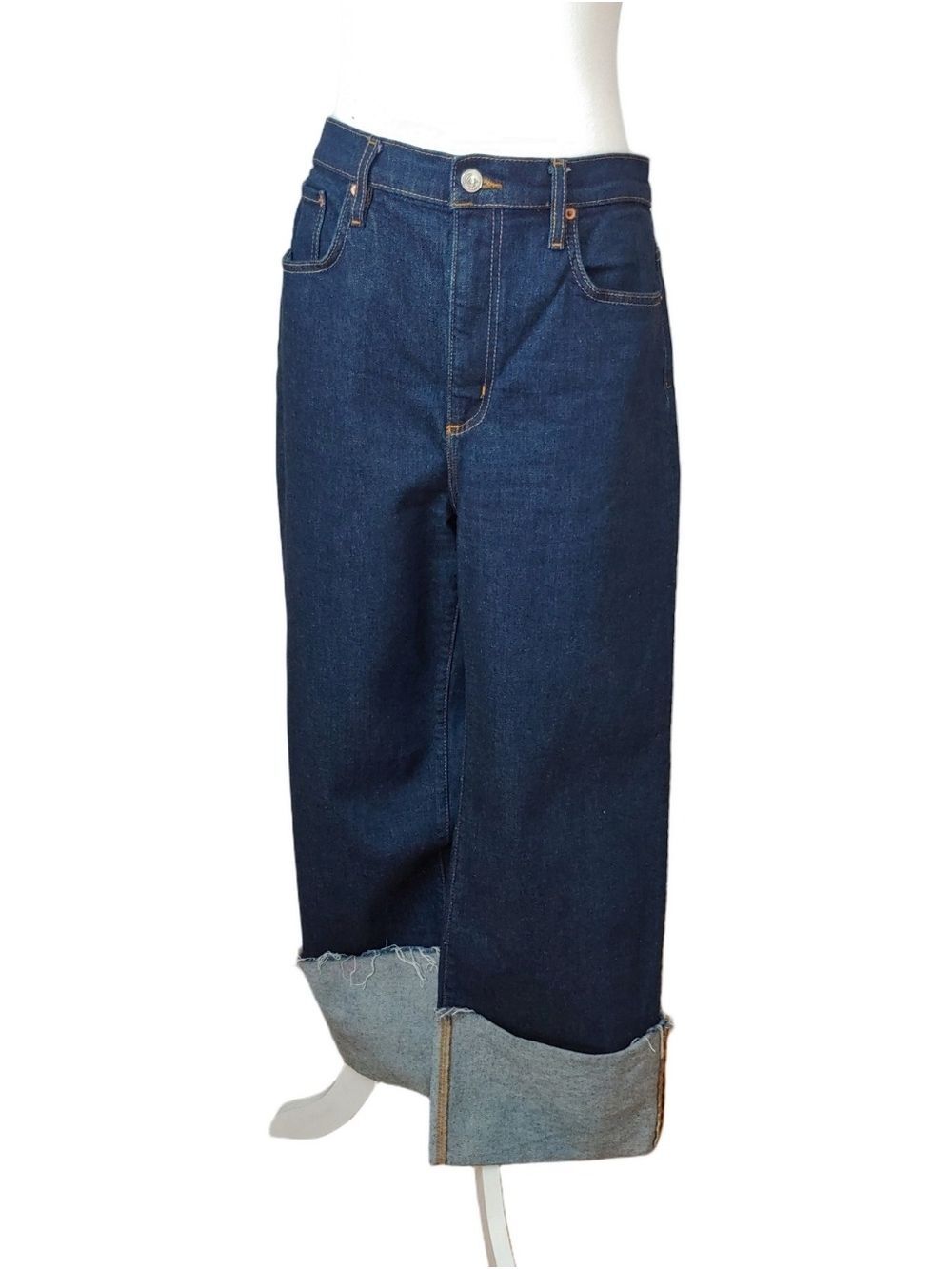 Zara The Fold Up Wide Leg Indigo Blue Denim Jeans Women's size 12